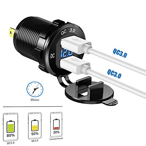 Quick Charge 3.0 Dual USB Car Charger Socket 12V/24V 36W QC3.0 Dual USB Fast Charger Aluminum Socket Power Outlet with LED Voltmeter for Marine, Boat, Motorcycle, Truck, Golf Cart - color: Blue