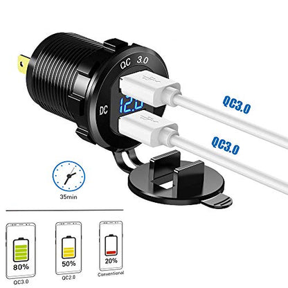 Quick Charge 3.0 Dual USB Car Charger Socket 12V/24V 36W QC3.0 Dual USB Fast Charger Aluminum Socket Power Outlet with LED Voltmeter for Marine, Boat, Motorcycle, Truck, Golf Cart - color: Blue