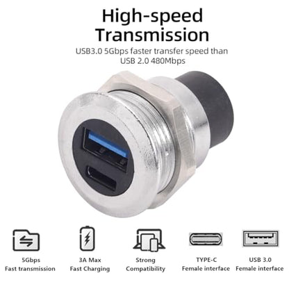 PENGLIN 2PCS Dual USB-C 3.1 & USB 3.0 Female to Female Bulkhead Socket - color: Silver&Black, size: 2PCS