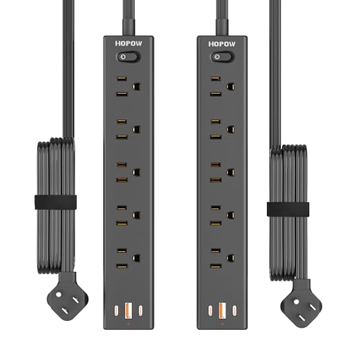 2 Pack Surge Protector Power Strip, 5AC&1A2C, 10FT Flat Plug Extension Cord - color: Black, size: 10 Ft-2 Pack(3 prong plug)