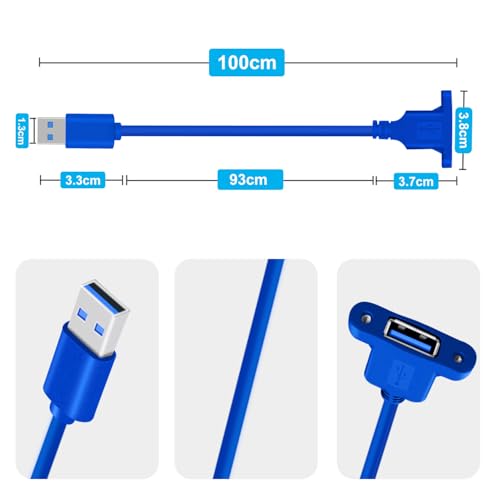 Panel Mount USB A 3.0 Extension USB Panel Mount Cable 5Gbps Data Transmit and Power Supply for Laptops PC, Car Boat Dashboard Panel (USB A Blue, 1 m/ 3.3 ft) - color: USB A Blue, size: 1 M/ 3.3 Ft