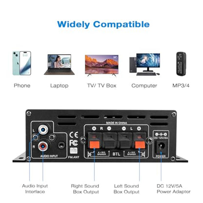 Hosyond Bluetooth 5.0 Audio Amplifier 400W+400W 2.0 CH AMP HiFi Stereo Treble Bass Audio Receiver for Passive Speakers Theater System AK-380