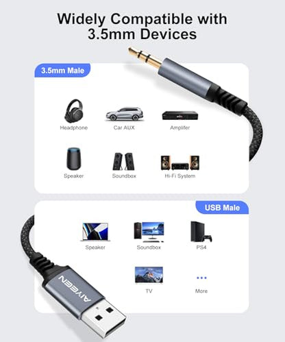 USB to 3.5mm Audio Cable, 1m/3.28ft Nylon Braided USB Male to 3.5mm Male Aux Cord with Hi-Fi DAC Chip, Noise-Free, Plug & Play for Headsets, Speakers, Car AUX – 2-Year Warranty - style: USBm-3.5m-AAC-1M