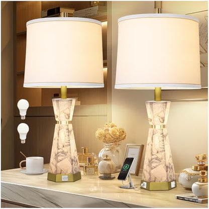 Scenekoy 27" Modern Alabaster Table Lamp Set of 2 with Night Light, USB A+C - color: White