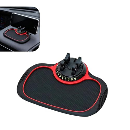 Multifunctional Car Anti-slip Mat, Car Dashboard Anti-slip Pad with Temporary License Plate, 360° Rotatable Dashboard Phone Mount, for Most Cars, Trucks, SUVs (Black & Red)
