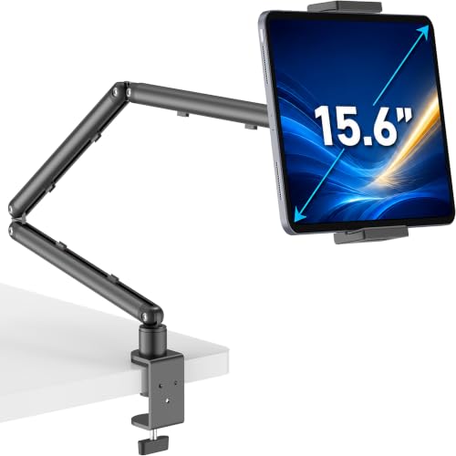 iPad Holder For Desk, Adjustable Tablet Arm iPad Desk Mount with C-Clamp - color: Black, size: 15.6" Slim Clamp