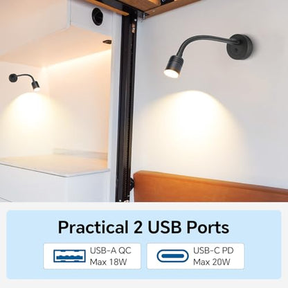 12V Dimmable Reading Light, RV LED Lamp with USB-A & USB-C Charger - color: Black