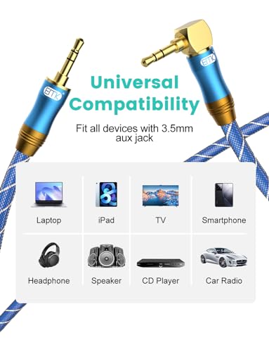 EMK 90 Degree Right Angle Aux Cable - [24K Gold-Plated,Sound Quality] Audio Stereo Male to Male Cable (10FT/3M-2PCS) - size: 10FT/3M-2PCS