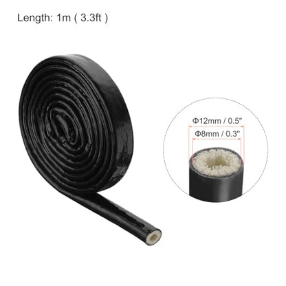 0.3" ID 3.3ft Heat Shielded Fire Sleeve Silicone Coated Fiberglass Tape, for Automotive Hose Lines Wires Electrical Wiring, Black