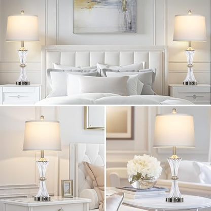 Rinweey Crystal Glass Table Lamp Set of 2 With USB C+A Ports & AC Outlet - White Clear Modern Bedroom Lamps for Night Stands, Living Room - Silver Nightstand Lamps With LED Bulbs Included - color: Silver