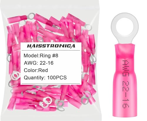 haisstronica 100PCS Heat Shrink Ring Terminals, 22-16 AWG, #8, Red - color: Red, size: Ring #8