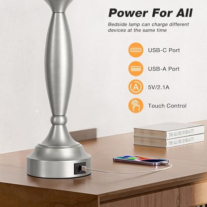 Bedroom Lamps for Nightstand, 3 Way Dimmable Silver Bedside Lamps with USB - color: B. White Shade & Nickel Base, size: Large（25.5 In）