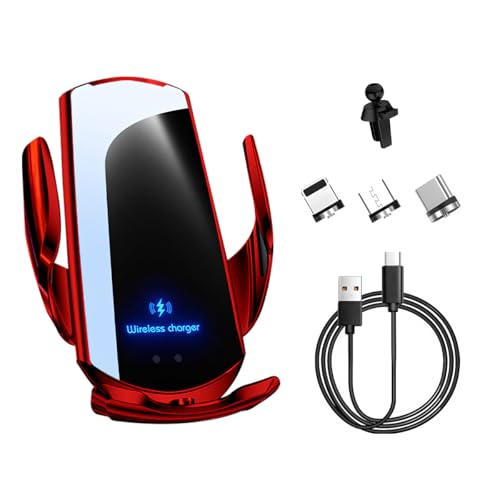 Wireless Car Charger, 15W Fast Charging Air Vent Mount Auto-Clamping Phone Holder, Automotive Electric Induction Charger 360° Rotating Magnetic Vent Mount Bracket for Smartphones (Red) - color: Red