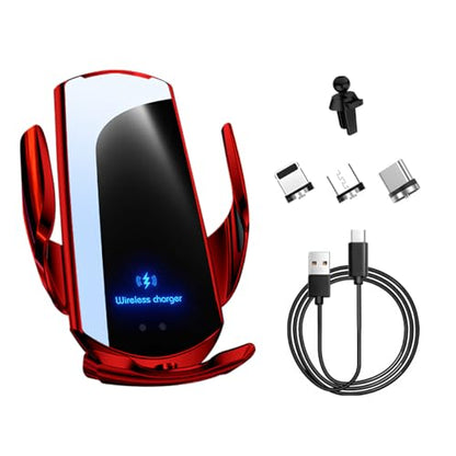 Wireless Car Charger, 15W Fast Charging Air Vent Mount Auto-Clamping Phone Holder, Automotive Electric Induction Charger 360° Rotating Magnetic Vent Mount Bracket for Smartphones (Red) - color: Red