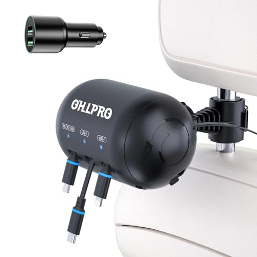 OHLPRO Multi Car Retractable Backseat 3 in 1 Car Charging Station Box Compatible with All Phones | iPhone | Samsung | Uber Taxi Lyft Turo Ride Share Customer Charging Dock Attach to Headrest - size: Car Adapter | 3-IN-1 Charging Station