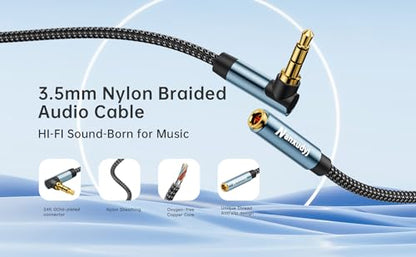 3.5mm Headphone Extension Cord 10ft/3M,3.5mm Male to Female Stereo Audio Extension Cable/90 Degree Right Angle Aux Cable for Smartphones, Tablets, Media Players - size: 10 ft