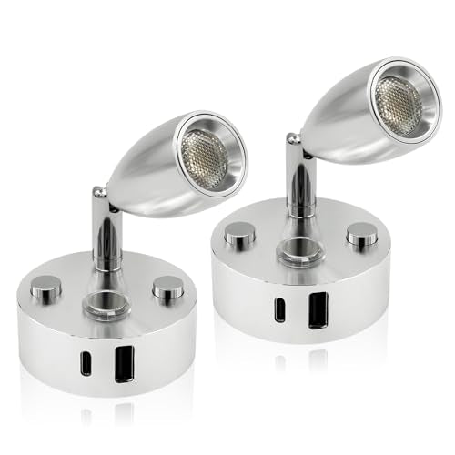 12V LED RV Interior Reading Light, Dimmable, with Dual USB-A/C Ports - color: Silver