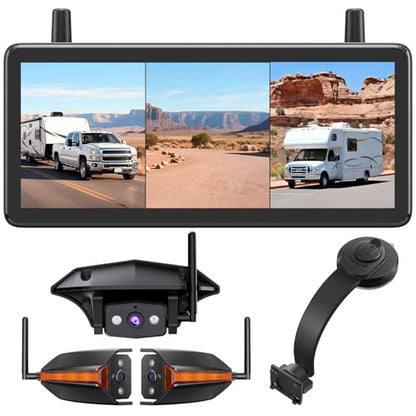 AUTO-VOX RV Backup Camera Wireless Bundle: Rear & Side Cameras with 7.2“HD Split-Screen Monitor and Suction Cup Bracket, Full Rear View Protection, for RV, Camper, Fifth Wheel, Travel Trailer