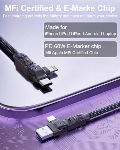 90 Degree USB C Cable for iPhone 17 16 Pro Max, 4in1 USB-C/A to C/Lightning Cable 6FT, 60W Fast Multi Charging Cord with 90° Rotating Swivel USBC/Lightning Adapter for Apple 15 14 13,Carplay,Auto