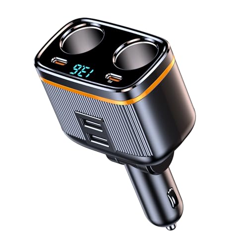 145W 12V/24V 2-Socket 6 in 1 Cigarette Lighter Splitter with Voltage Detection, Car Charger Adapter Dual USB QC3.0 &Type-C PD45W Fast Charging (6-Port)