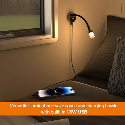 RV Reading Lights Interior, 12V Dimmable LED Reading Light with with 18W USB Charger & Flexible gooseneck, for Camper Travel Trailer Motorhome, 12-24V DC Hard-Wired, 2 Pack (Glossy Black) - color: Glossy Black