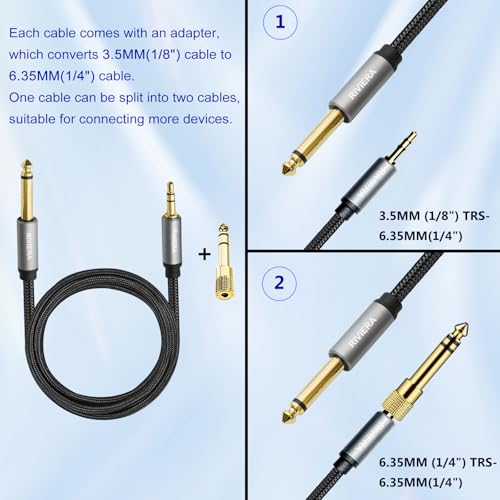 RIVIERA 20FT/6M 3.5mm 1/8" TRS to 6.35mm 1/4" TS Cable Braided Sheild Pure Copper Wire 24K Gold Plated Low Noise Cable with Braided Nylon Jacket for Digital Players & Musical Instruments 20FT - color: 1/4-1/8 TRS Black, size: 20FT/6.0M