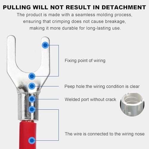 100Pcs #8 Non-Insulated Fork Terminal,22-16 AWG Brazed Seam Red Copper Wire Connectors,Crimp Connector Terminal Kit (Fork #8 100PC, AWG22-16) - size: AWG22-16, style: Fork #8 100PC