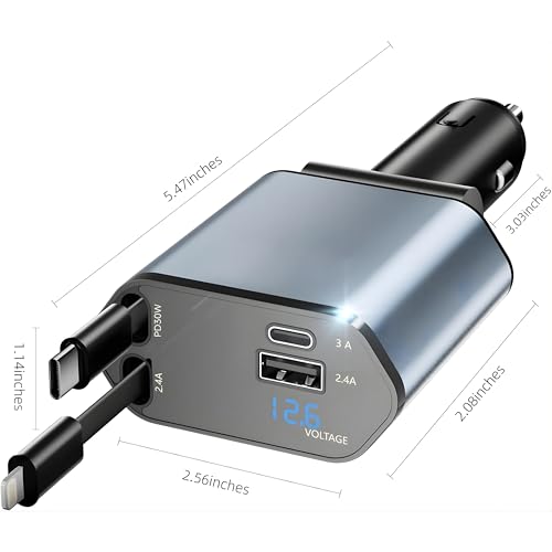 Retractable Car Charger, 4-in-1 Fast Charging USB C & USB A Port, 60W PD Car Phone Charger Adapter, Multi Cigarette Lighter Charger Cable for iPhone 17/14/13, Samsung Galaxy, Android Devices