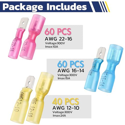 haisstronica 160PCS Heat Shrink Spade Connectors, 22-10 AWG, Male/Female - size: AWG 22-10, style: Male&Female Kit 160PCS