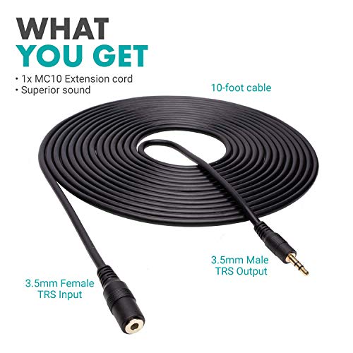 Movo MC10 3.5mm Audio Cable - 3.5mm TRS Female to Male 10ft Extension Cord for Microphones, Headphones, and More - size: 10-foot