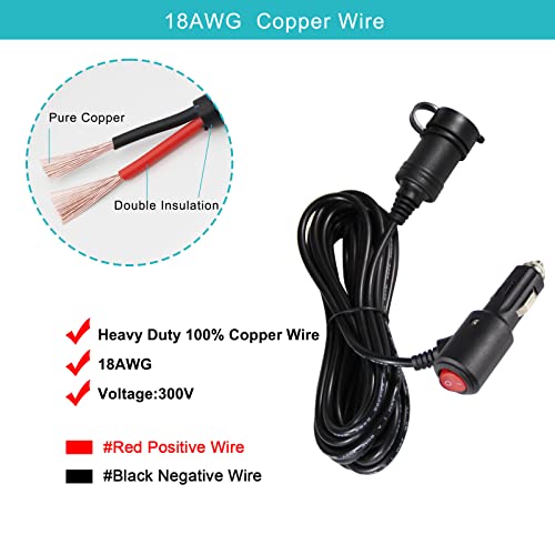 15FT Cigarette Lighter Extension Cord with On Off Switch - Car Cigarette Lighter Male Plug to Female Socket 18AWG Heavy Duty Extension Cable with Switch, Built-in 15A Fuse for Air Compressor Pump