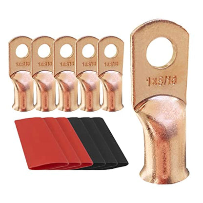 10pcs 1 AWG-5/16 Ring Battery Lugs, Copper Lugs, Battery Cable Ends, Tubular Ring Terminals, Crimp Wire Ring Lugs, Battery Terminal Connectors with Heat Shrink Tubing (10, 1 Awg - 5/16" (M8) Ring) - size: 1 Awg - 5/16" (M8) Ring