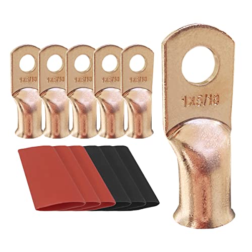 10pcs 1 AWG-5/16 Ring Battery Lugs, Copper Lugs, Battery Cable Ends, Tubular Ring Terminals, Crimp Wire Ring Lugs, Battery Terminal Connectors with Heat Shrink Tubing (10, 1 Awg - 5/16" (M8) Ring) - size: 1 Awg - 5/16" (M8) Ring