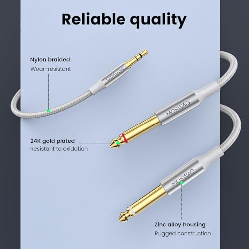 MOSWAG 3.5mm 1/8" TRS to 2 x 6.35mm 1/4" TS Mono Y Cable 3.28FT/1Meter Splitter Cable Compatible with Phone,iPod,Laptop,CD Players,Power Amplifier,Mixer,Home Stereo Systems - color: White, size: 3.28FT/1Meter