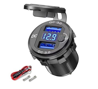 12V USB C Outlet Dual QC 18W Aluminum Voltmeter Switch Waterproof Marine