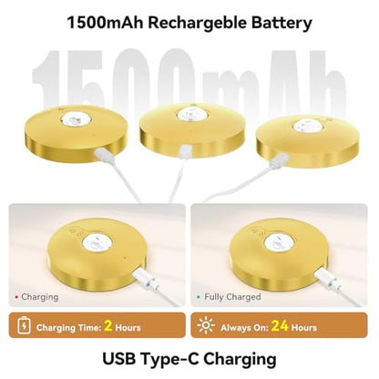 Rechargeable Puck Lights with Remote, 3 Pack Magnetic Under Cabinet Lighting, 1500mAh Battery Operated LED Tap Lights with Dimmer & Timmer for Kitchen, Closet, Shelf - 3 Color Temps & 12 RGB, Gold - color: Gold