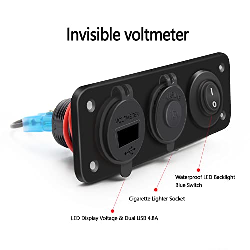 FXC 4 in 1 Marine Switch Panel, 12V 4.8A Dual USB Charger Socket Power Outlet & LED Voltmeter & Cigarette Lighter Socket & LED Lighted ON Off Rocker Toggle Switch for Truck Car Marine Boat RV