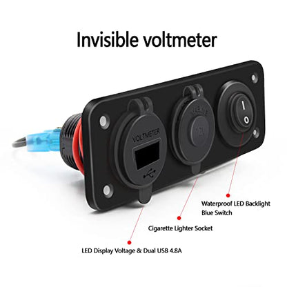 FXC 4 in 1 Marine Switch Panel, 12V 4.8A Dual USB Charger Socket Power Outlet & LED Voltmeter & Cigarette Lighter Socket & LED Lighted ON Off Rocker Toggle Switch for Truck Car Marine Boat RV
