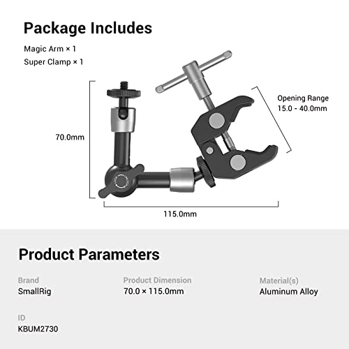SMALLRIG Super Clamp w/ 1/4" and 3/8" Thread and 5.8 Inches Adjustable Friction Power Articulating Magic Arm with 1/4" Thread Screw for LCD Monitor/LED Lights - KBUM2730 (Pack of 2) - size: 5.8''+arm only (Pack of 2)