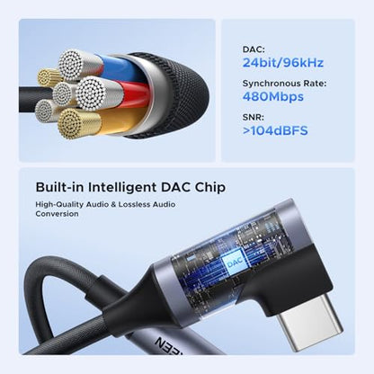 UGREEN Right Angle USB C to 3.5mm Audio Adapter Type C Aux Headphone Jack