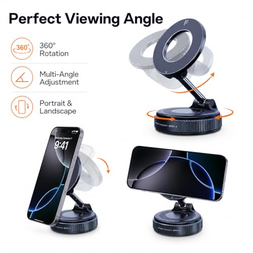 Magnetic Phone Holder for Car, MagSafe Compatible Car Mount with Super Strong Suction, 360° Adjustable Dashboard & Windshield Cell Phone Mount (Black)