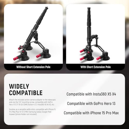 NEEWER Triple Suction Cup Car Mount Compatible with Insta360 X5 X4 GoPro DJI OSMO 360 Cameras, Quick Release Outside Windshield Magic Arm Mount Kit with 2 in 1 Extension Pole/Selfie Stick, CA065 - style: CA065