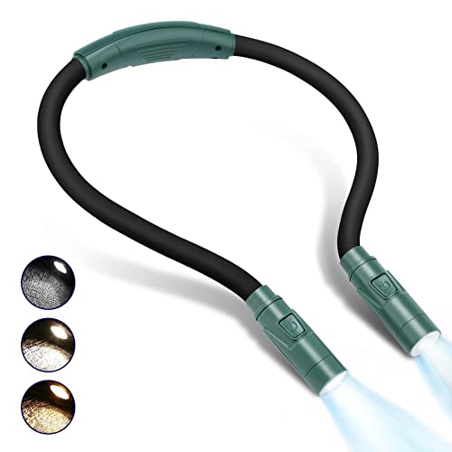 LUXJET Neck Reading Light & Book Light for Reading in Bed - Hands Free, 6 Brightness Levels, 360° Flexible Arms, 80-Hour Rechargeable - Reading, Knitting, Camping, Repairing - Gifts for Book Lovers - color: Dark Green, size: Multi Color: Warm White+Cool W