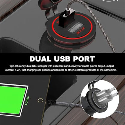 4.2A Dual USB Charger Socket, Waterproof Power Outlet 12V/24V 2.1A & 2.1A Quick Charge Socket, USB Charger Socket with Cap for Car Golf Cart Mobile RV ATV Truck Marine Boat (Red) - color: Red