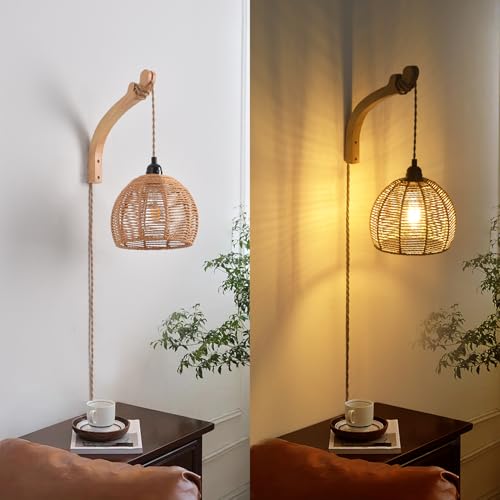 Plug in Wall Sconce,Farmhouse Wicker Wall Lamp Plug in,Hand Woven Rattan Wall Light Farmhouse Rustic Boho Sconces Wall Lighting for Living Room Bedroom - color: Rattan, size: 1 Pack 7.87IN