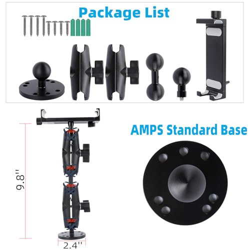 All-Aluminum Heavy Duty Drill Base Tablet Holder Mount for 4.7"-15" iPad Pro,Mini,Samsung Galaxy Tab, Surface, 360°Adjustable 2-Stage Arm Car Stand for Truck Dashboard Wall Desk Commercial Vehicle