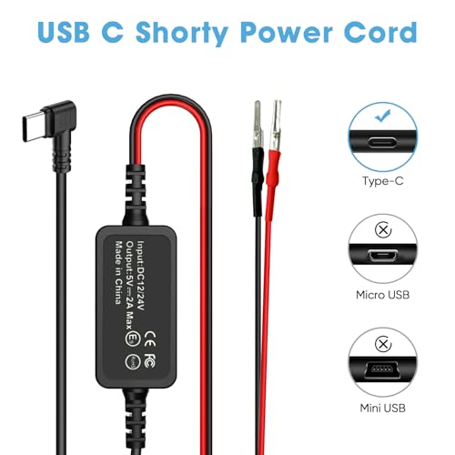 Dash Cam Power Adapter USB-C Plug,DC 12v/24v to 5v 2A Dashcam Power Adapter,Compatible with F7N,T27,N4,E1,N2S,T3,N2,G840S,G850,D07S,M300S,R3,Dash Cam Mirrior Camera Wire Kit,Quick Plug and Play