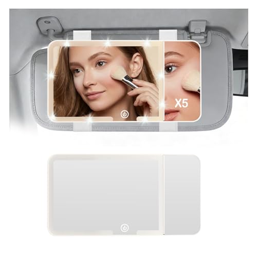 2026 New HD Car Mirror Vanity with Light,Adjustable Car Visor Mirror with 3 Color Modes & 5X Magnification,Rechargeable Touch Control LED Cars Makeup Mirrors for Women (White) - color: White