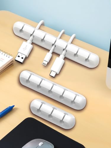 3-Packs Cable Holder Clips, Cable Management Cord Organizer Clips Self Adhesive for Desktop USB Charging Cable Nightstand Power Cord Mouse Cable Wire PC Home,Office,Car,Desk,Nightstand(7, 5, 3 White)