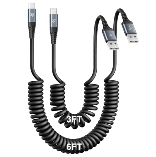 USB Type C Charger Cable Fast Charging 3FT+6FT 2Pack Coiled USB A to USB C - color: Black, size: 3FT+6FT